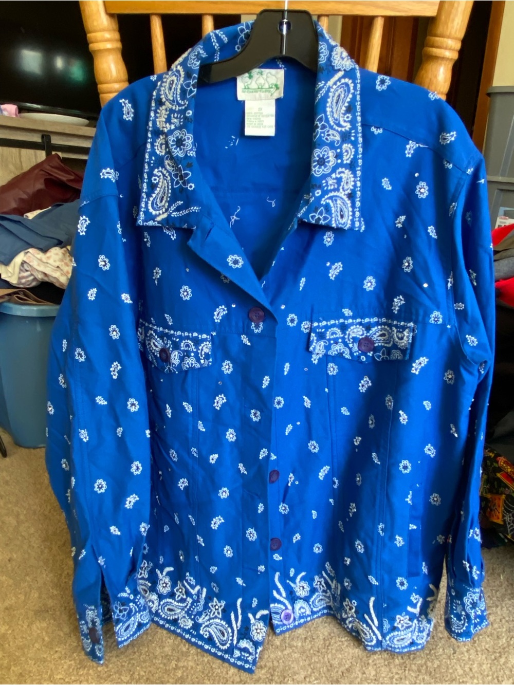 Vintage Quacker Factory Paisley Bandana Shirt Size 2X Blue Beaded Western